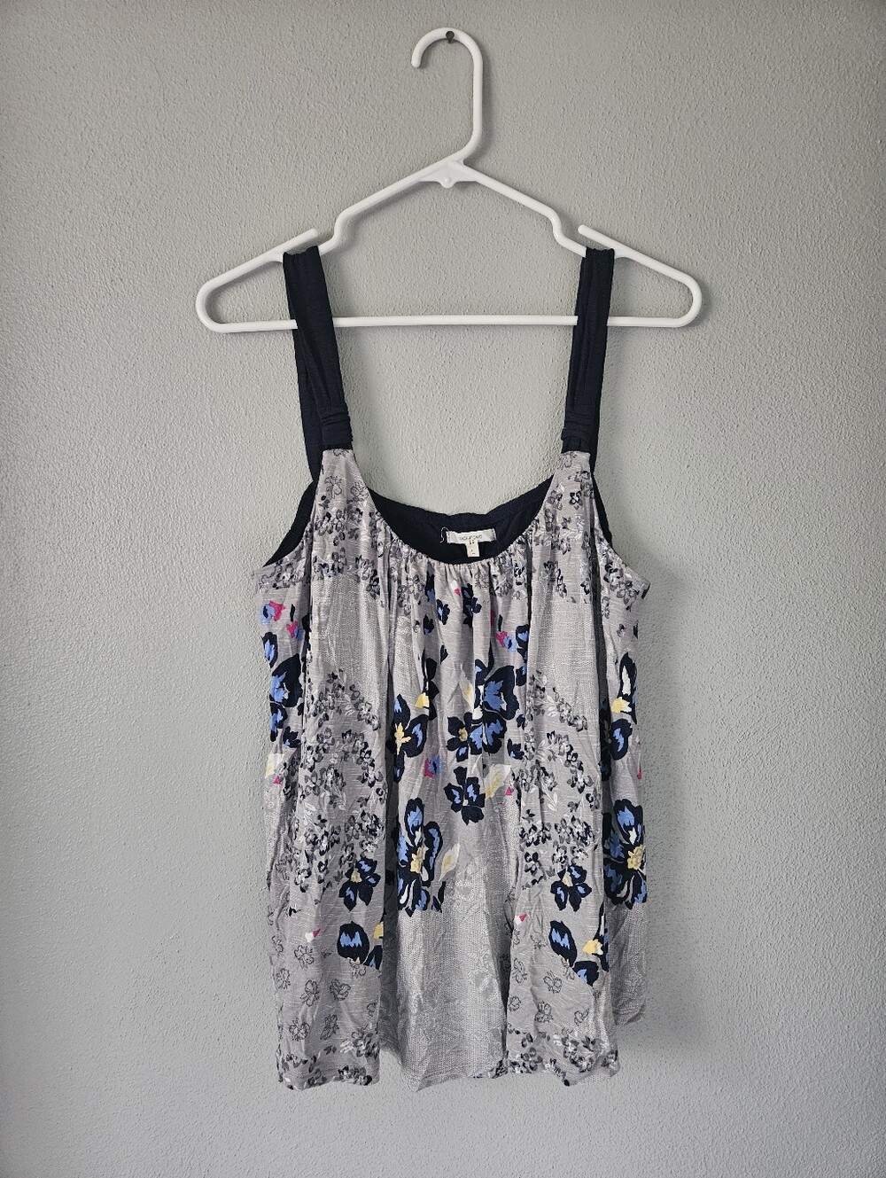 Maurices Gray Floral Cami with Navy Straps and Blue-Yellow Accents